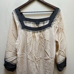 Club Monaco Boatneck Silk Blouse Dark Grey & Cream 3/4 Sleeve Size Large